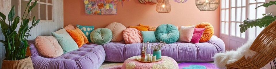Cozy Boho Chic Living Room. A Stylish and Relaxing Space with Colorful Pillows, Woven Textures, and Greenery. Modern Home Decor and Real Estate Concept.