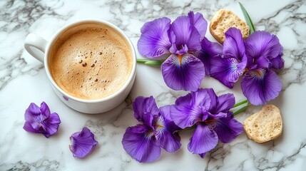 Morning coffee with purple iris flowers (1)