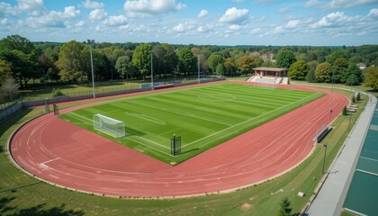 Fototapeta premium Aerial View of Green Soccer Field with Track in Scenic Environment
