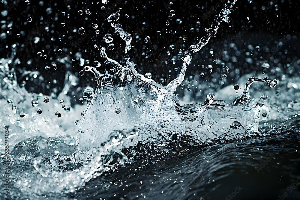 Poster water splash action creating dynamic forms with droplets against dark backdrop