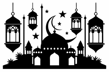 islamic eid lanterns line art silhouette vector illustration