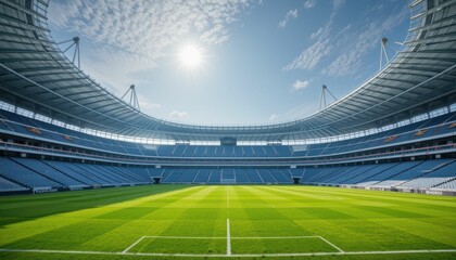Fototapeta premium Bright Sunny Day at a Modern Stadium with Green Grass Field
