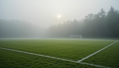 Serene Soccer Field in Fog with Morning Sunlight and Lush Grass