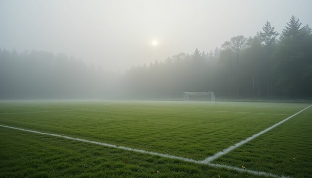 Serene Soccer Field in Fog with Morning Sunlight and Lush Grass
