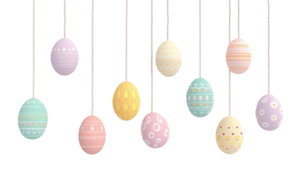 Hanging easter eggs with pastel colors and patterns on transparent background