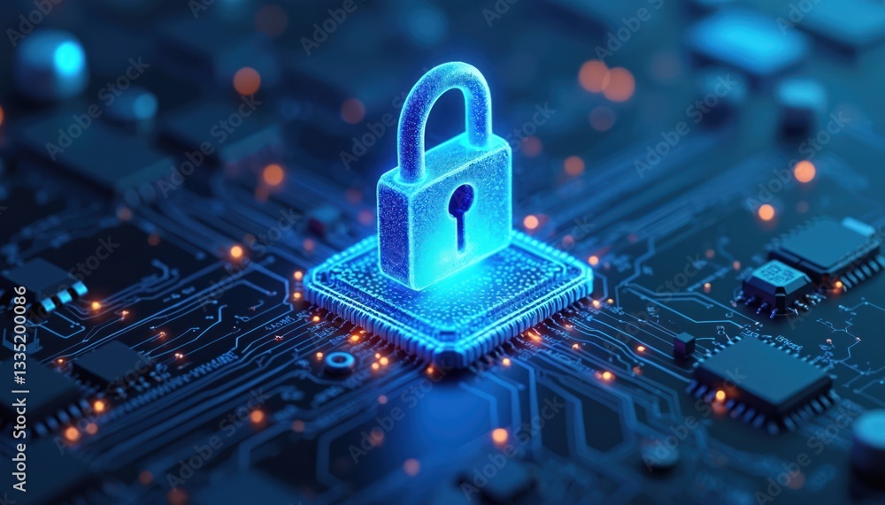 Poster cybersecurity concept featuring glowing lock on microchip. advanced data encryption, digital securit