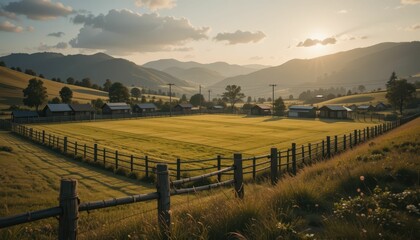Serene Rural Landscape at Sunset with Fields and Mountains in View