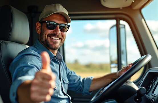Smiling truck driver in hat, sunglasses sits driving truck, looking at camera, showing thumb up. Experienced pro transportation worker concept. Automotive employee in cabin ready for freight trailer