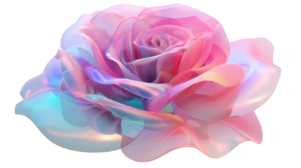 Pink rose flower fluid holographic Iridescent 3D render icon isolated on white background