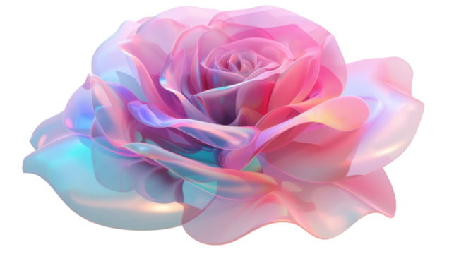 Pink rose flower fluid holographic Iridescent 3D render icon isolated on white background
