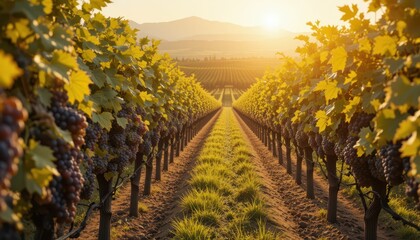 Fototapeta premium Scenic Vineyard Landscape with Grape Vines and Setting Sunlight