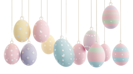 Hanging easter eggs with pastel colors and transparent background