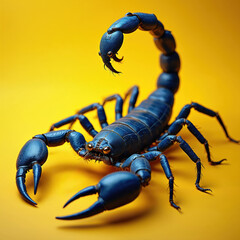 Close-up shot of scorpion with curved tail, blue exoskeleton on yellow surface. Venomous arachnid, predator features pincers, stinger. Dangerous desert creature in macro view. Generative AI photo.