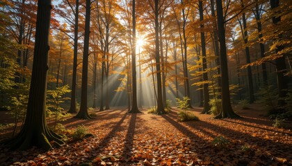 Obraz premium Sunlight Shining Through Golden Autumn Forest With Tall Trees