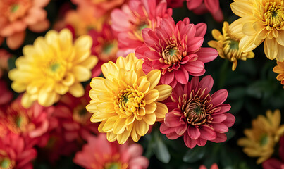 Close-up of Vibrant Chrysanthemum Flowers in Full Bloom with Warm Colors