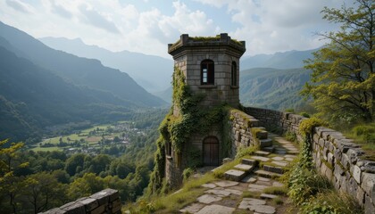 Abandoned Stone Tower Overlooking Lush Valley with Mountains