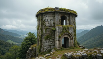 Fototapeta premium Abandoned Stone Tower Surrounded by Lush Green Mountains in Fog