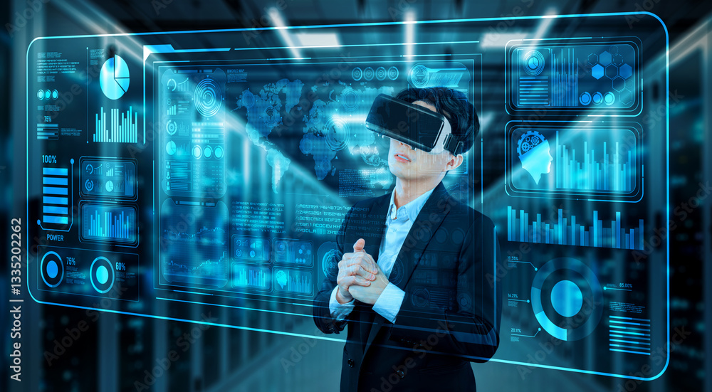 Poster businessman with headset standing at data center while analyzing financial data. manager looking mar