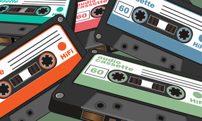 A large pile of randomly placed audio cassettes. Collage, poster or other. Vector illustration