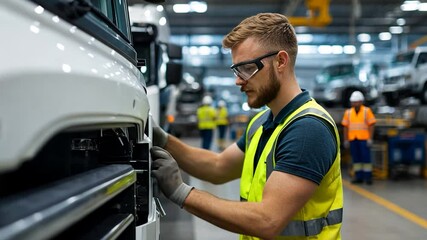 Worker in safety gear assembling vehicle components in a busy industrial workshop