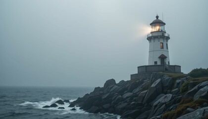 Obraz premium Tranquil Lighthouse on Rocky Shoreline with Soft Fog and Ocean Waves