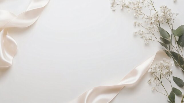 Elegant flat lay design, soft fabrics and greenery, perfect for wedding invitations or elegant announcements, copy-space included.