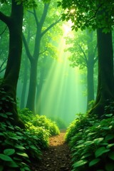Obraz premium Misty green forest, sunlight filtering through leaves, flora, fantasy