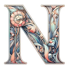 아르누보 느낌의 일러스트, 알파벳 N, jpeg (Art Nouveau style illustration, Alphabet N, jpeg)