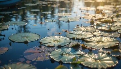 Tranquil Water Lily Pond at Sunset with Dragonflies Dancing Above
