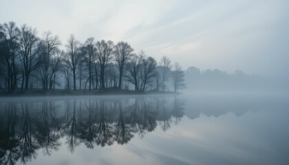 Fototapeta premium Misty Morning Landscape with Trees Reflected in Calm Water