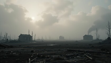Abandoned Landscape with Ruined Structures and Overcast Sky