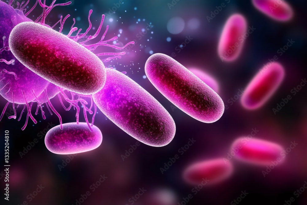Poster microscopic view of rod shaped bacteria showing cell division and reproduction