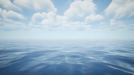 Serene Ocean and Sky,  Calm Water, Blue Horizon, Fluffy Clouds