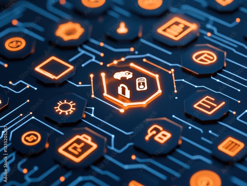 Poster futuristic digital interface showcasing technology icons and connectivity patterns