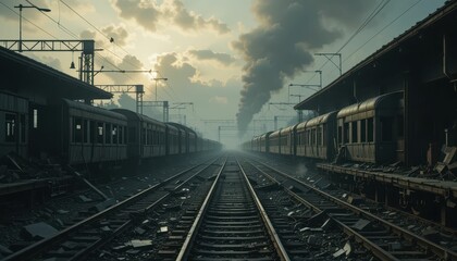 Fototapeta premium Abandoned Train Yard with Rusty Carriages Under Dramatic Sky