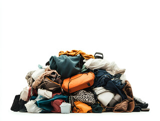 Pile of assorted clothing and bags in a disorganized heap on a white background