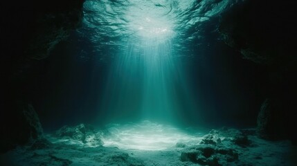Obraz premium A deep blue underwater cave with sunlight rays shining through.