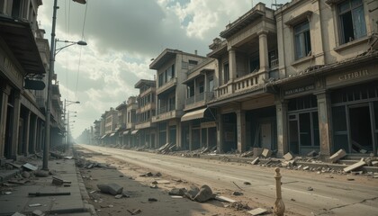 Fototapeta premium Abandoned Streets in a City after Disaster with Debris and Ruins