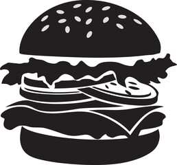 A Vector Silhouette of a Classic American Burger on a White Background, big hamburger on a black background