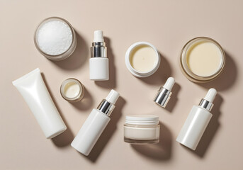 Elegant skincare products are arranged.