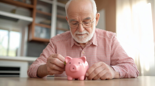 Senior male carefully depositing coins into ceramic piggy bank, representing long term savings strategy and fiscal prudence