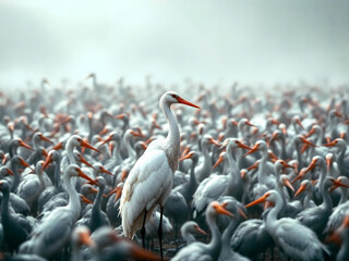 Naklejka premium White crane, standing out, sea of gray cranes, crowded flock, misty background