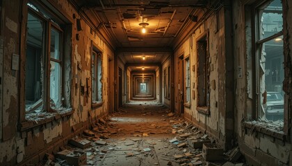 Obraz premium Abandoned Hallway with Crumbling Walls and Dim Lighting Effects