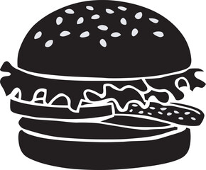 A High-Resolution Vector Silhouette of a Tasty American Hamburger, burger in a black background