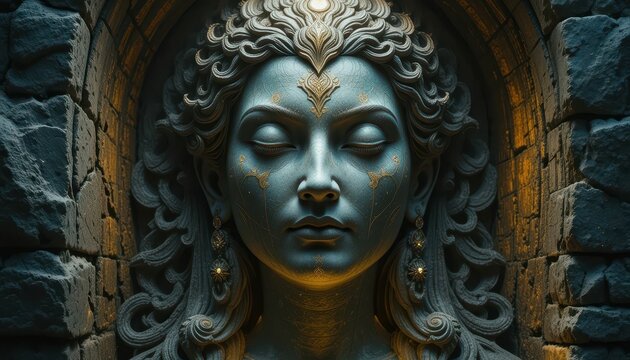 Serene Goddess Sculpture Surrounded by Stone Archway and Light