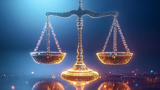 A glowing golden scale of justice, Libra holographic light  illuminated a dark blue bokeh background with reflection. Perfect for legal, justice, zodiac sign, horoscope, or business-themed design