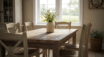 Rustic dining room scene with farmhouse table and wildflowers, ideal for interior design inspiration, home decor blogs, or lifestyle publications