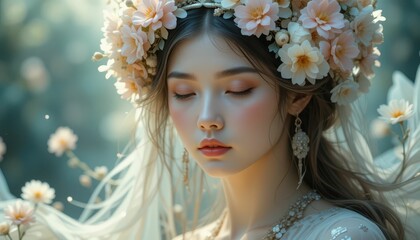 Ethereal Woman with Floral Crown and Soft Light in Nature Setting