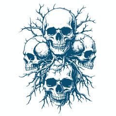 Black and white vector illustration of a skull wrapped in thorny roots. Dark and eerie design, perfect for metal band merch, tattoo art, t-shirts, posters, and gothic themes.
