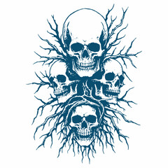 Black and white vector illustration of a skull wrapped in thorny roots. Dark and eerie design, perfect for metal band merch, tattoo art, t-shirts, posters, and gothic themes.